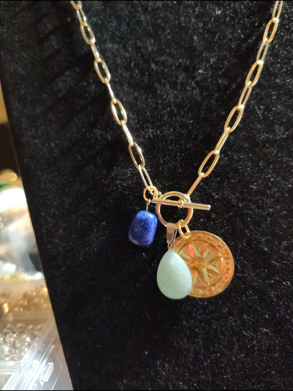 Gold Charm Pendant Necklace with Blue and Mint Drops
